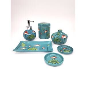 Ceramic Bathroom Set Hand-Painted Lotus Soap Dispenser, Tray, Jars & Dishes